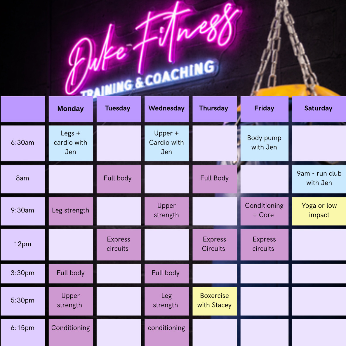 Duke Fitness Weekly Timetable